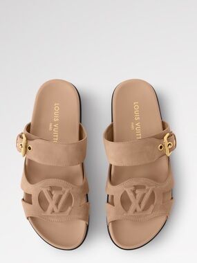 Size 9 LV Tan Suede Buckle Slide Sandals w box